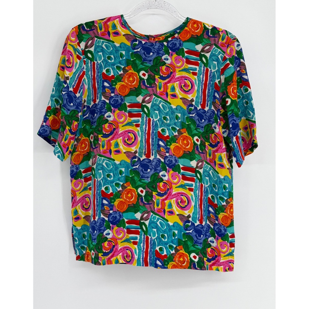 Nora Noh 100%‎ Silk Abstract Floral Button Back Short Sleeve Blouse Sz M/L
